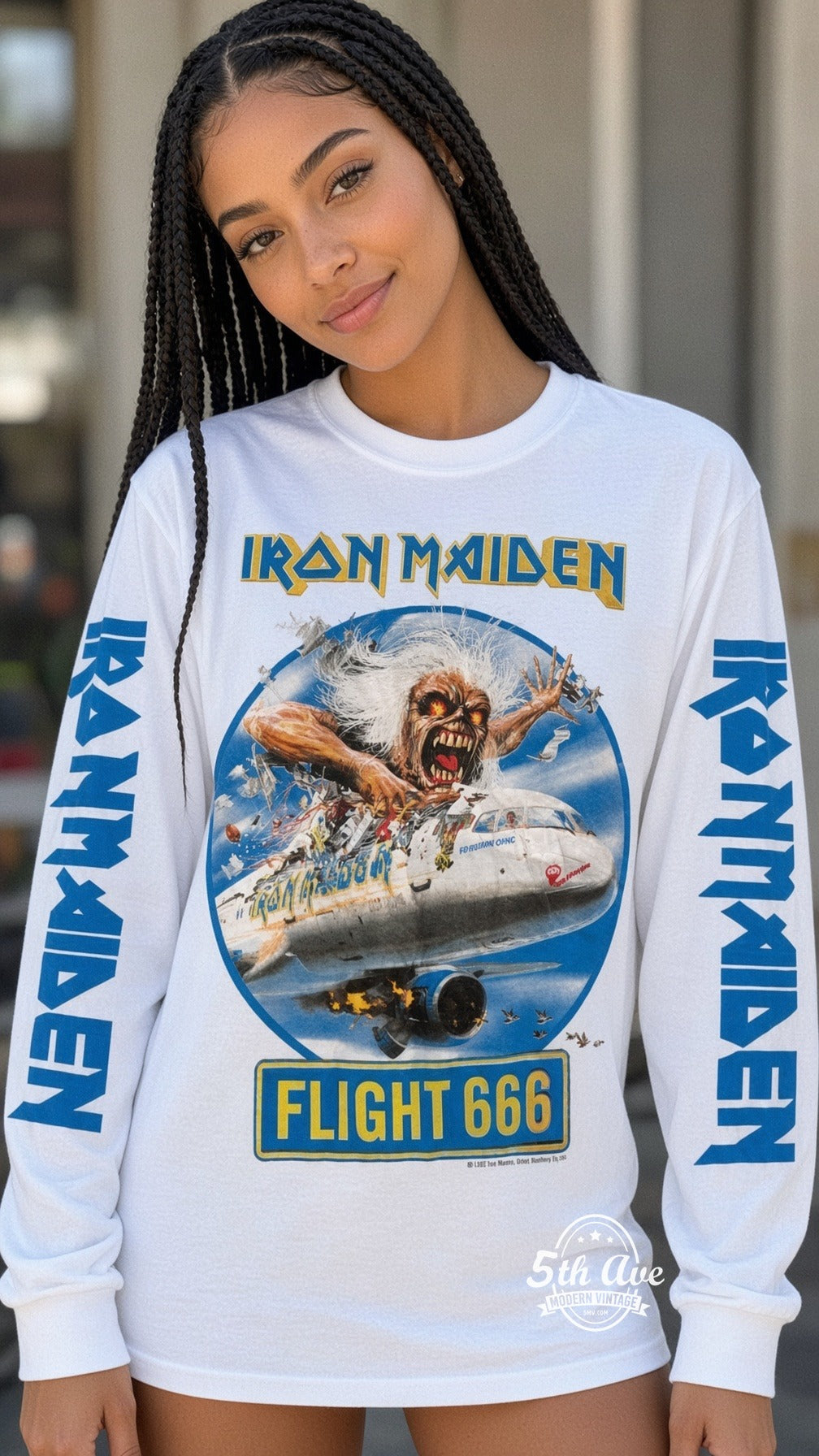 ETS LS 88 Iron Maiden Flight 666 long sleeve vintage tee worn by a model
