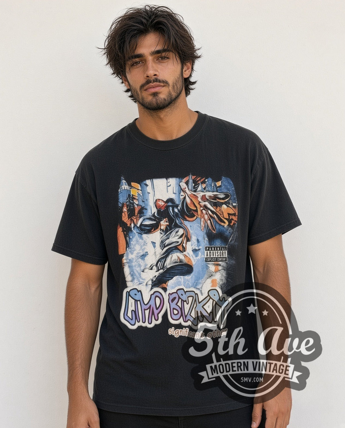 Model wearing the Limp Bizkit Significant Other Is Better Than Every One vintage band t-shirt in black