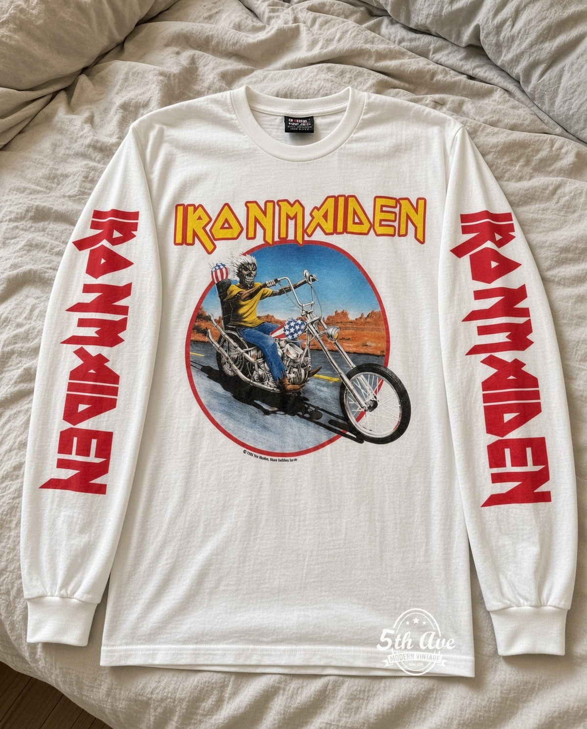ETS LS 89 Iron Maiden Eddie Motorcycle long sleeve vintage tee laid on a bed