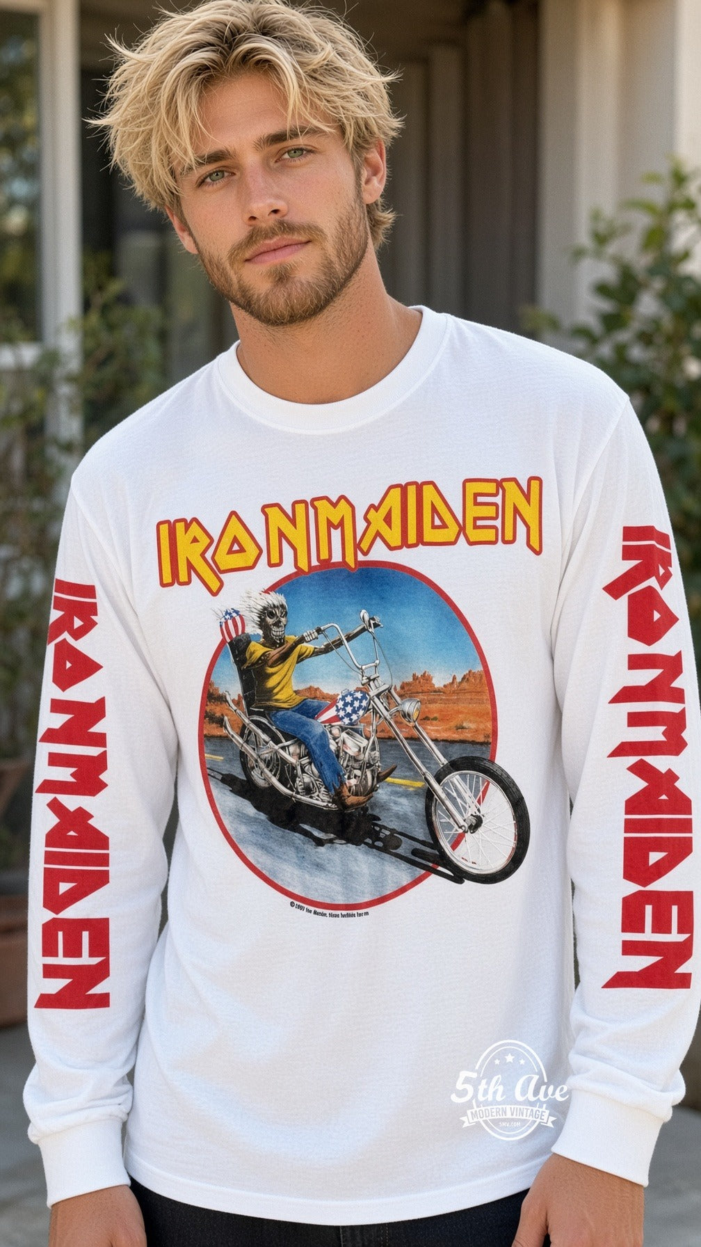 ETS LS 89 Iron Maiden Eddie Motorcycle long sleeve vintage tee worn by a model