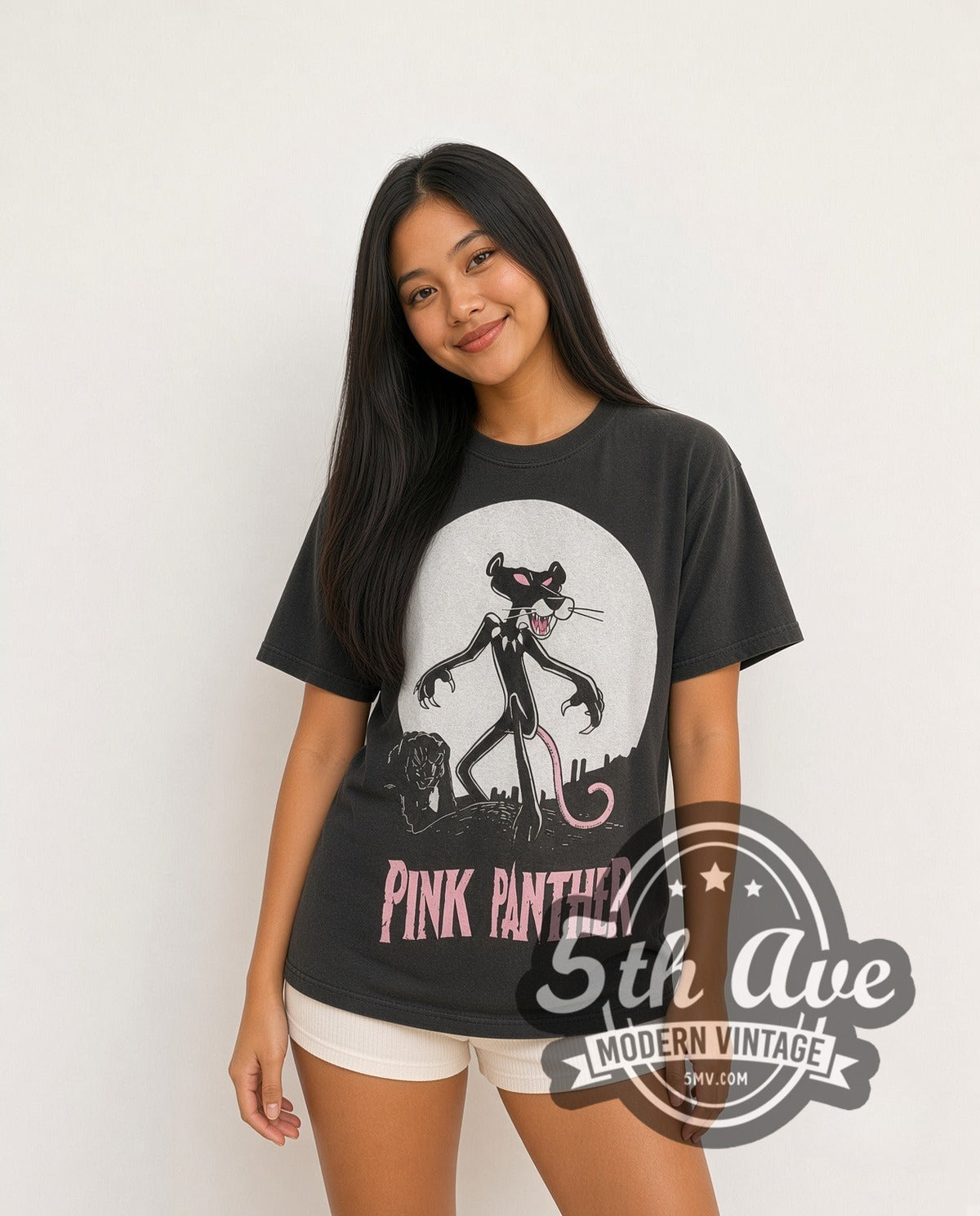 Model wearing The Pink Panther Its Always Pink Inside vintage cartoon tee in black