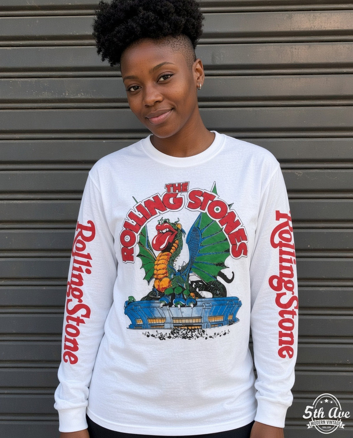 ETS LS 90 The Rolling Stones Dragon long sleeve vintage tee worn by a model