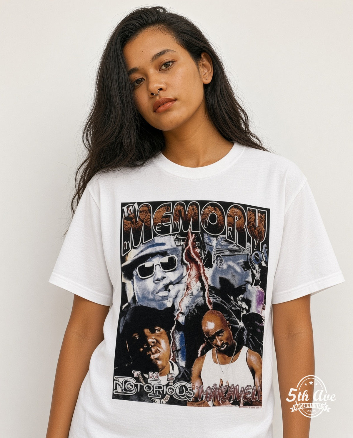 Model wearing Biggie & Makaveli In Memory Of White vintage band tee