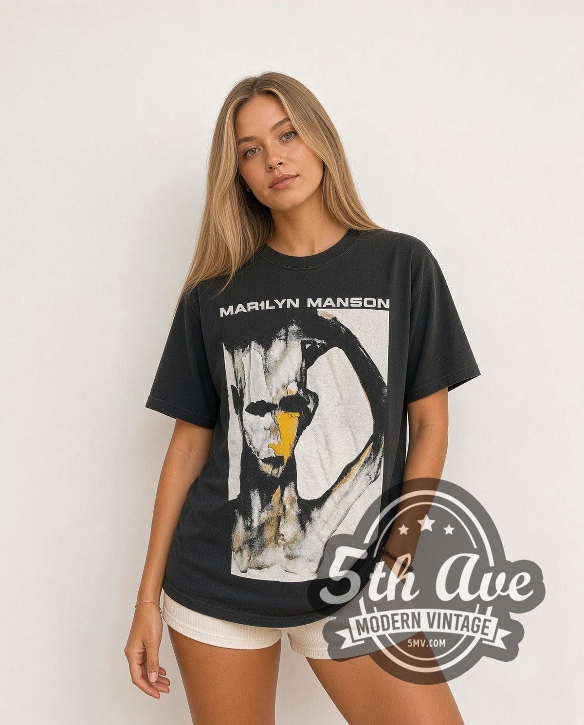 Model wearing the Marilyn Manson 'I Don't Like the Drugs' (But the Drugs Like Me) vintage band t-shirt