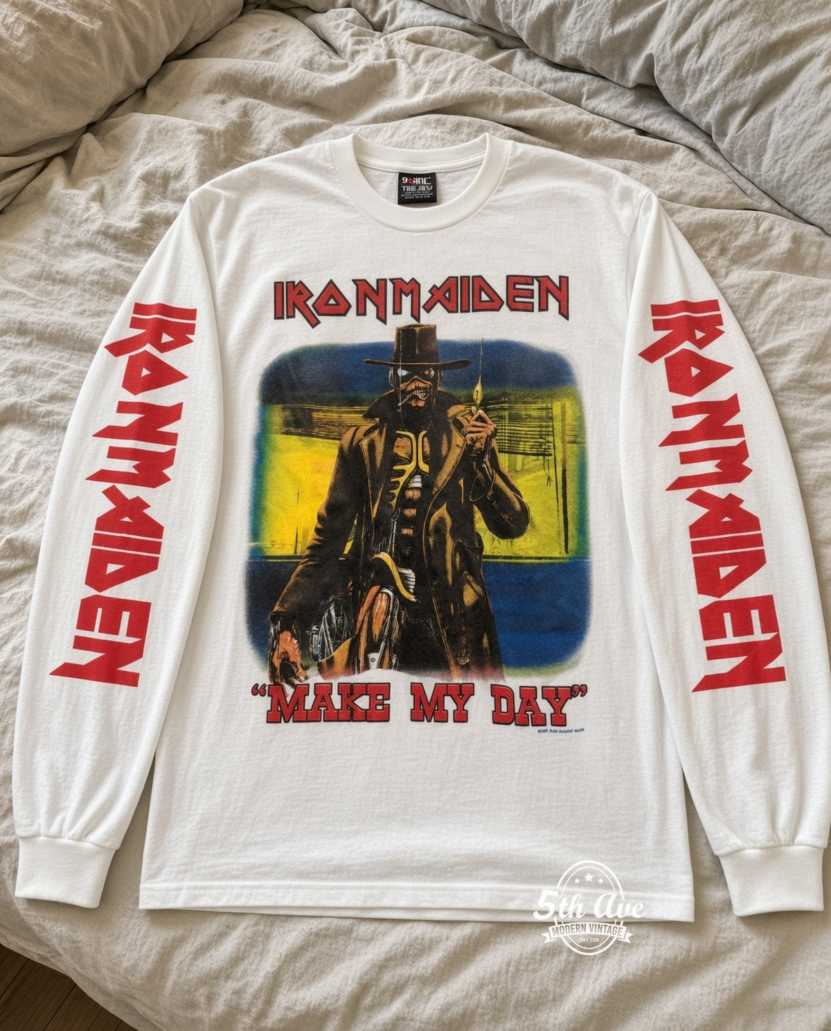 ETS LS 91 Iron Maiden Make My Day long sleeve vintage tee laid on a bed