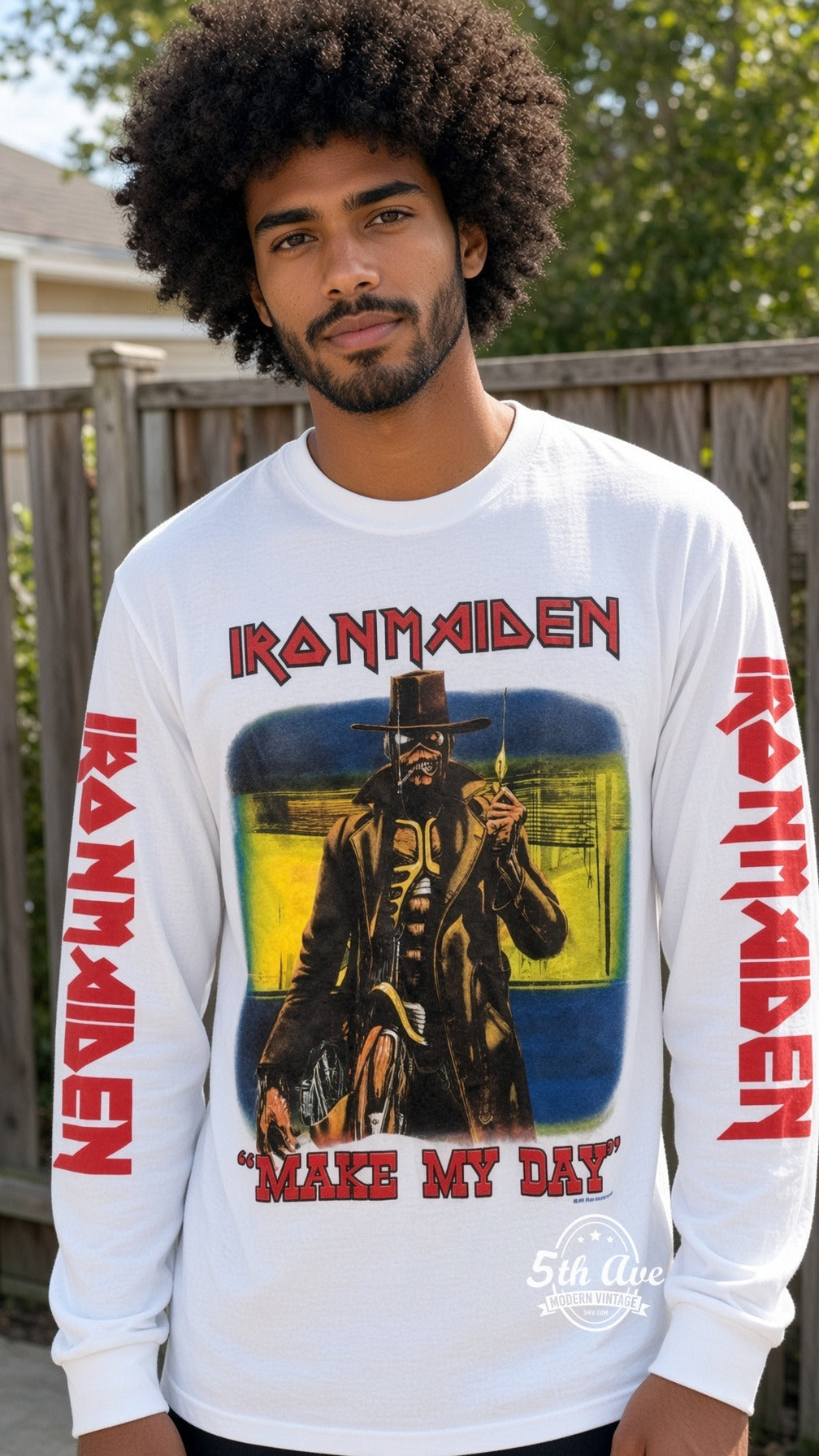 ETS LS 91 Iron Maiden Make My Day long sleeve vintage tee worn by a model