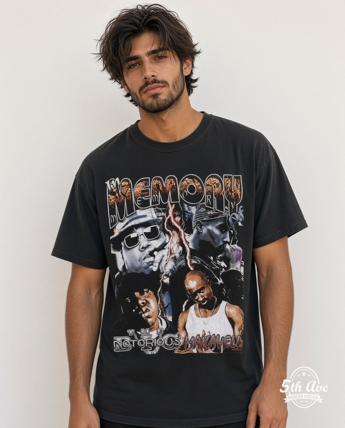 Model wearing Biggie & Makaveli In Memory Of Black vintage band tee