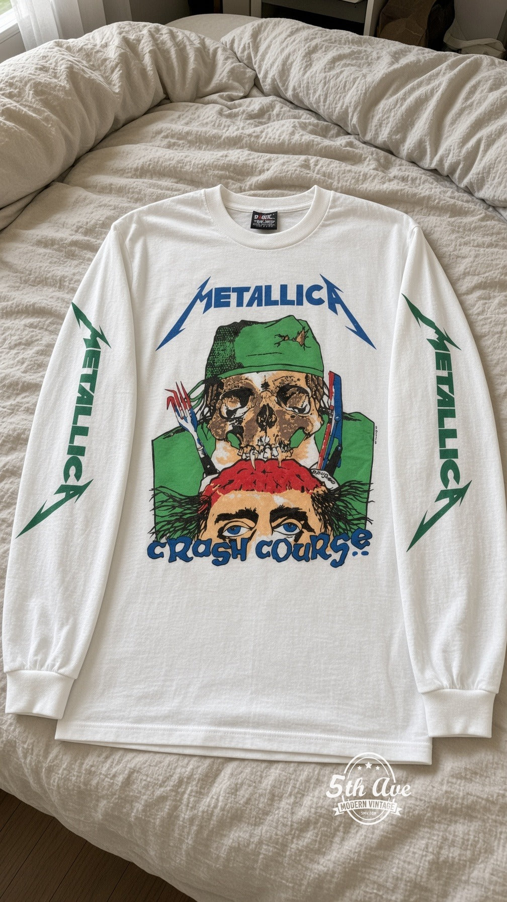 ETS LS 92 Metallica Crash Course long sleeve vintage tee laid on a bed