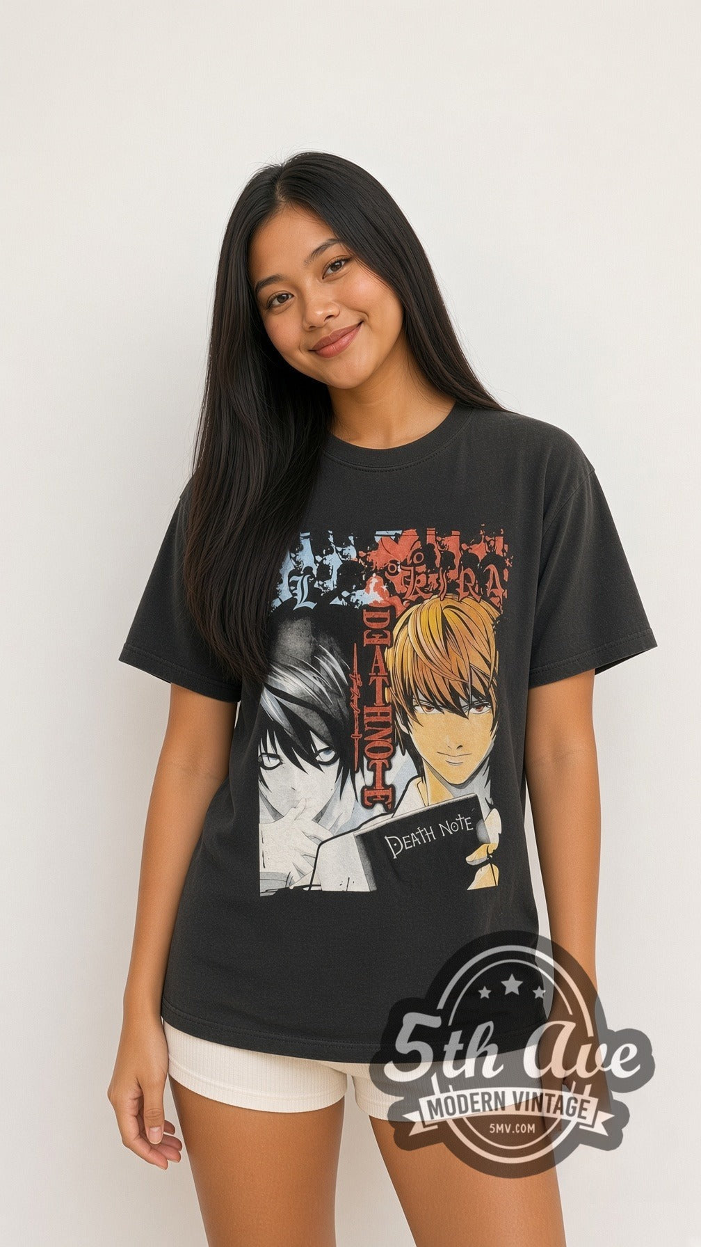 Model wearing the Death Note Kira vs L vintage anime t-shirt