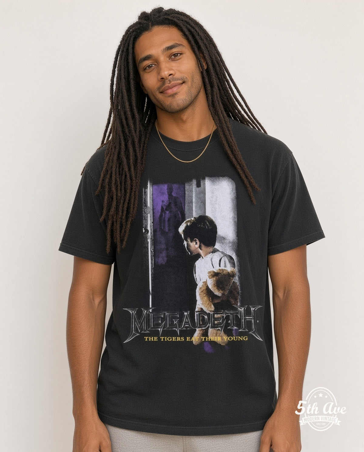 Model wearing Megadeth The Tigers Eat Their Young Black vintage band tee