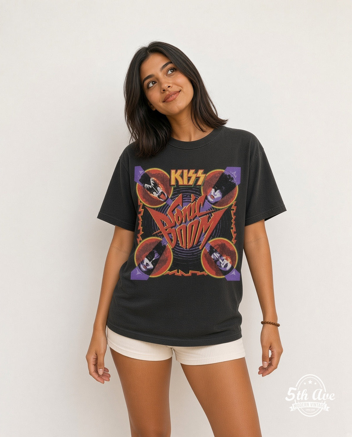 Model wearing KISS Sonic Boom Faces vintage band tee