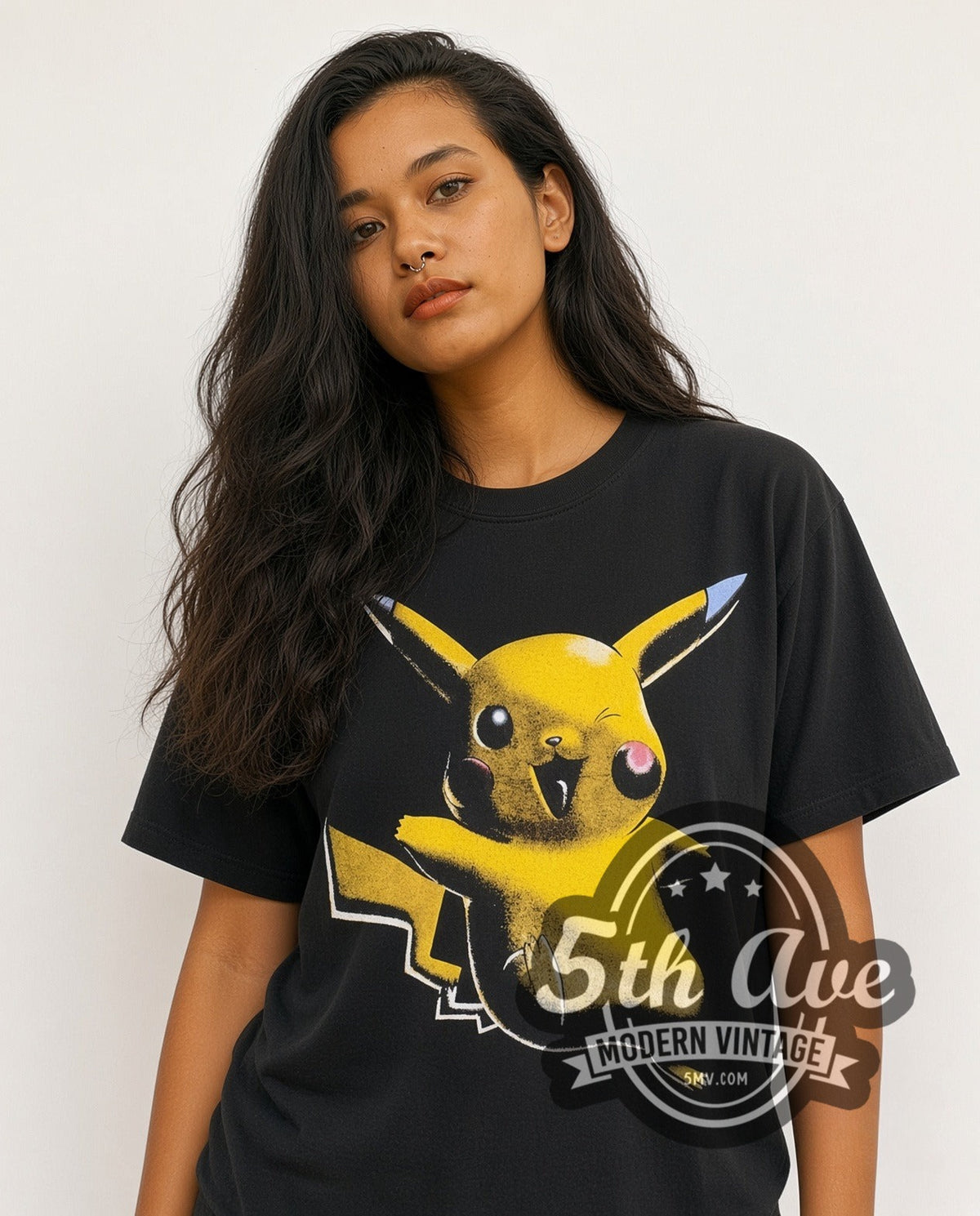 Model wearing the Pokémon Pikachu Pokémon vintage anime t-shirt