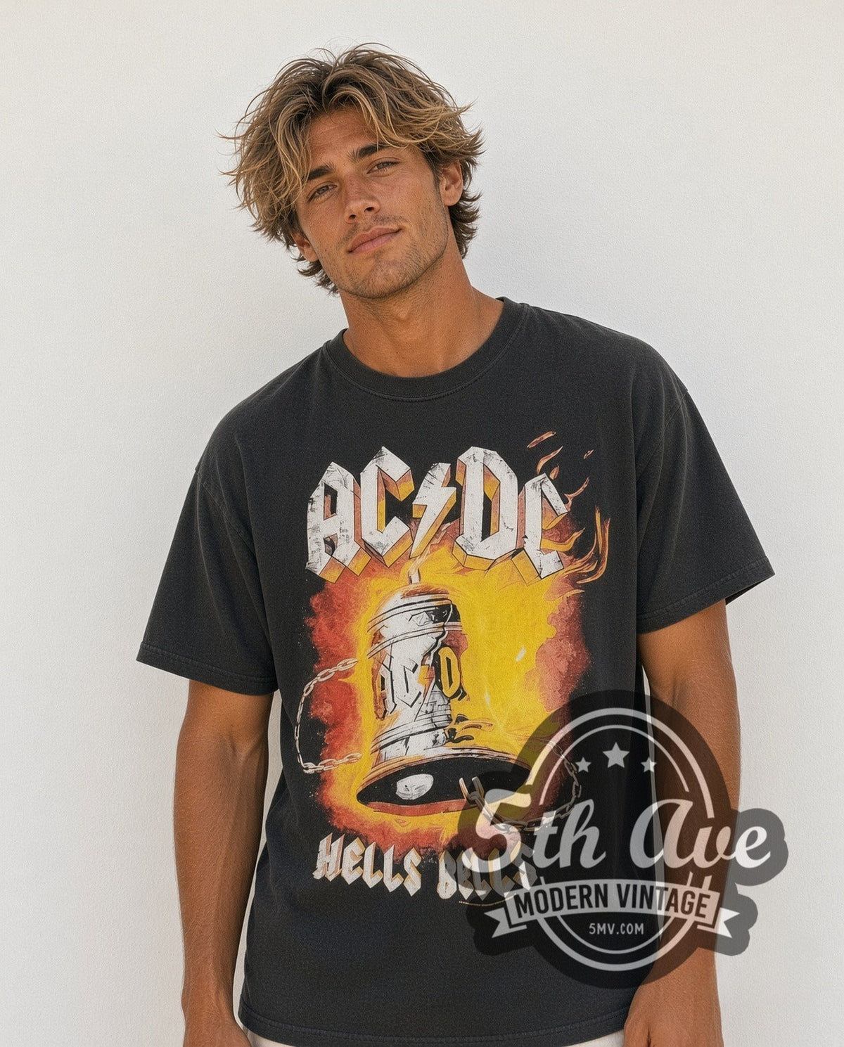 Model wearing the AC/DC Hells Bells Power Up Tour vintage band t-shirt in black