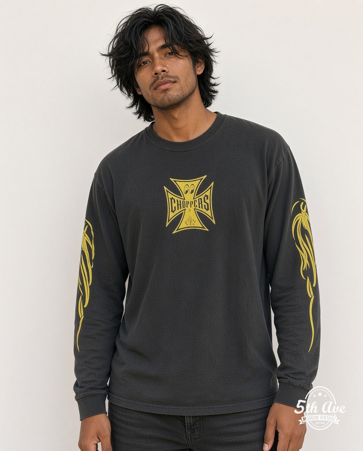 Model wearing the West Coast Choppers MoonEyes Surfin Craze graphic tee in black