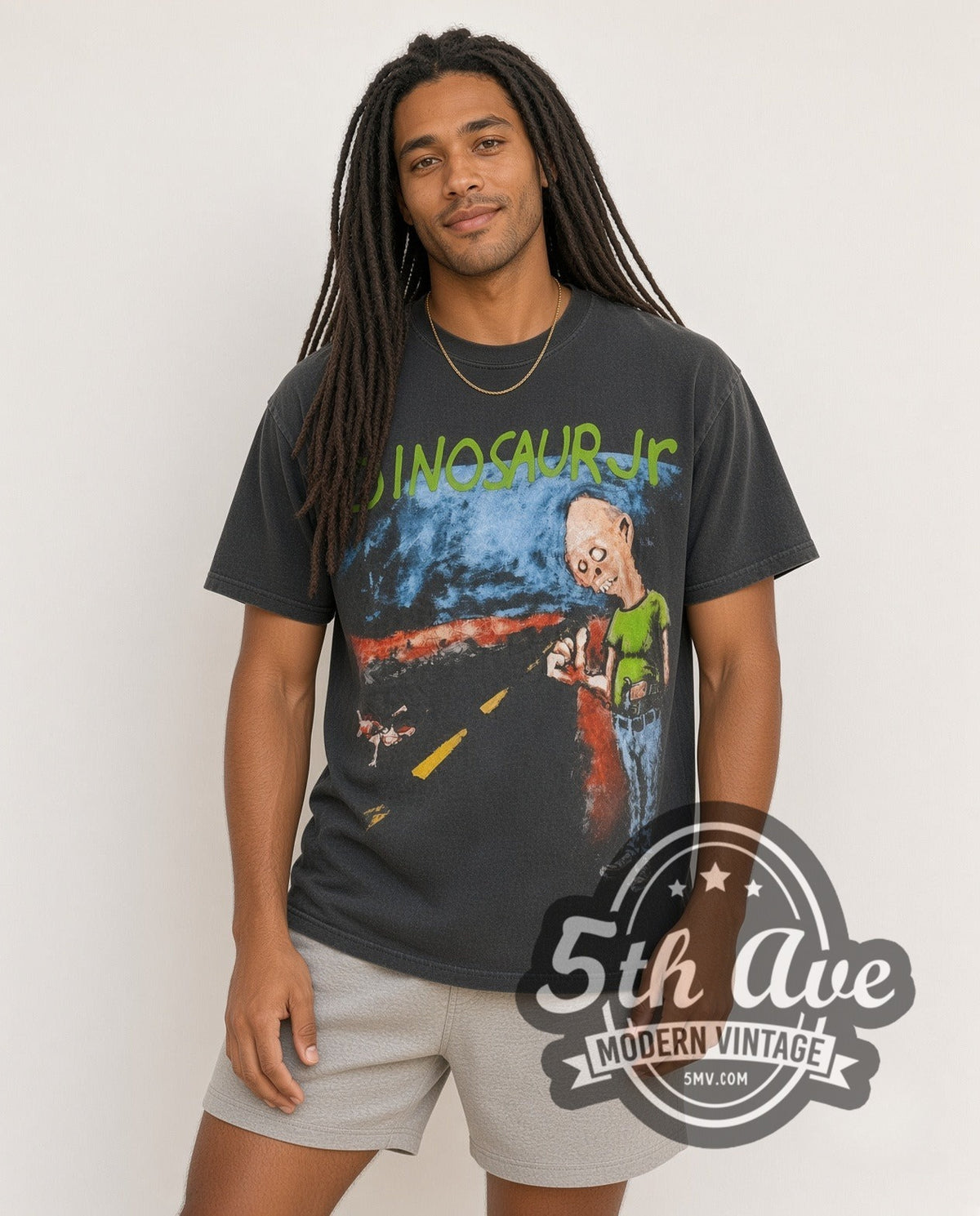Model wearing the Dinosaur Jr. Where You Been US UK Netherlands tour 1993 vintage band t-shirt in black