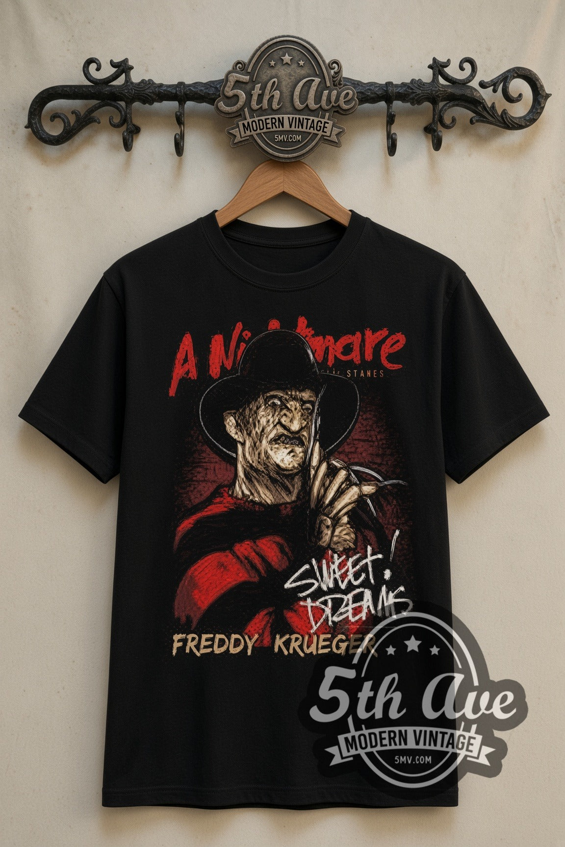 A Nightmare on Elm Street Freddy Krueger Sweet Dreams double stitched black tee front on dark iron 5th Ave rack