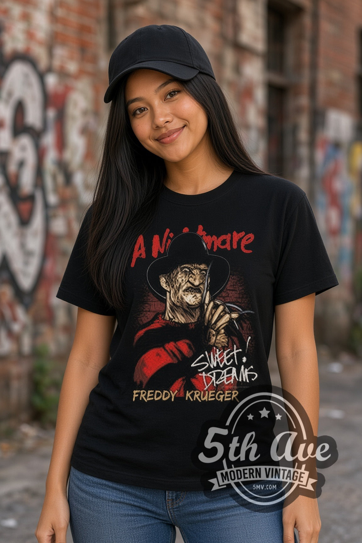 Woman wearing A Nightmare on Elm Street Freddy Krueger Sweet Dreams double stitched black graphic tee