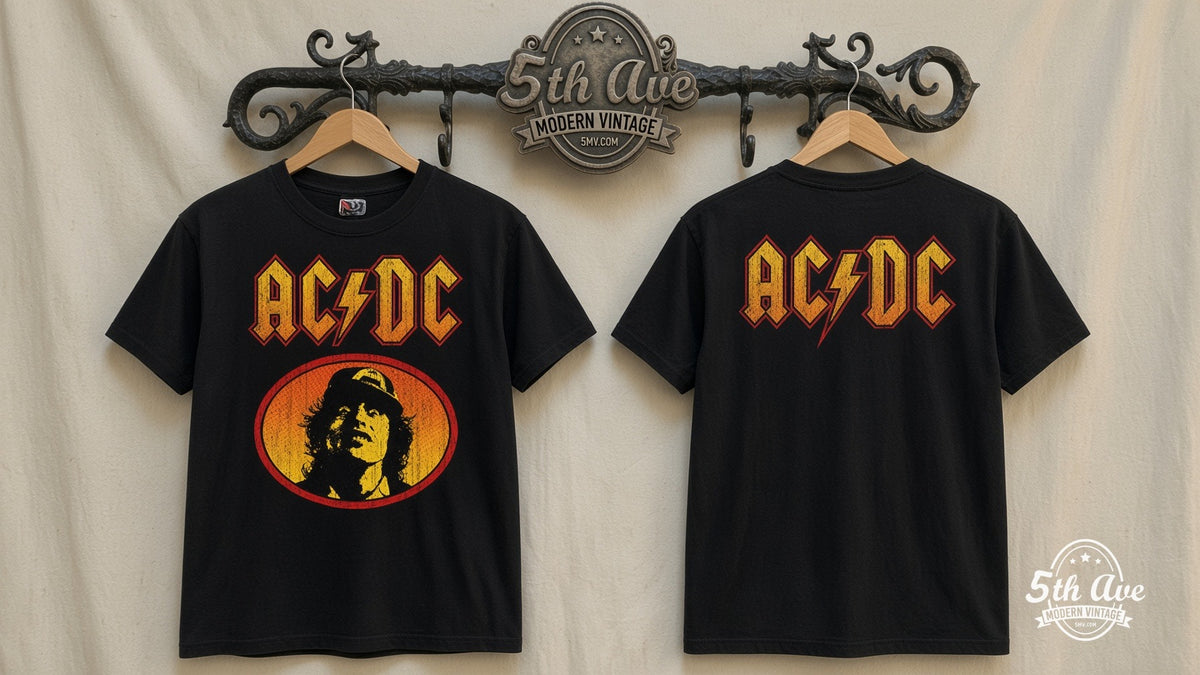 AC/DC Angus Young oval vintage band t-shirt on rack