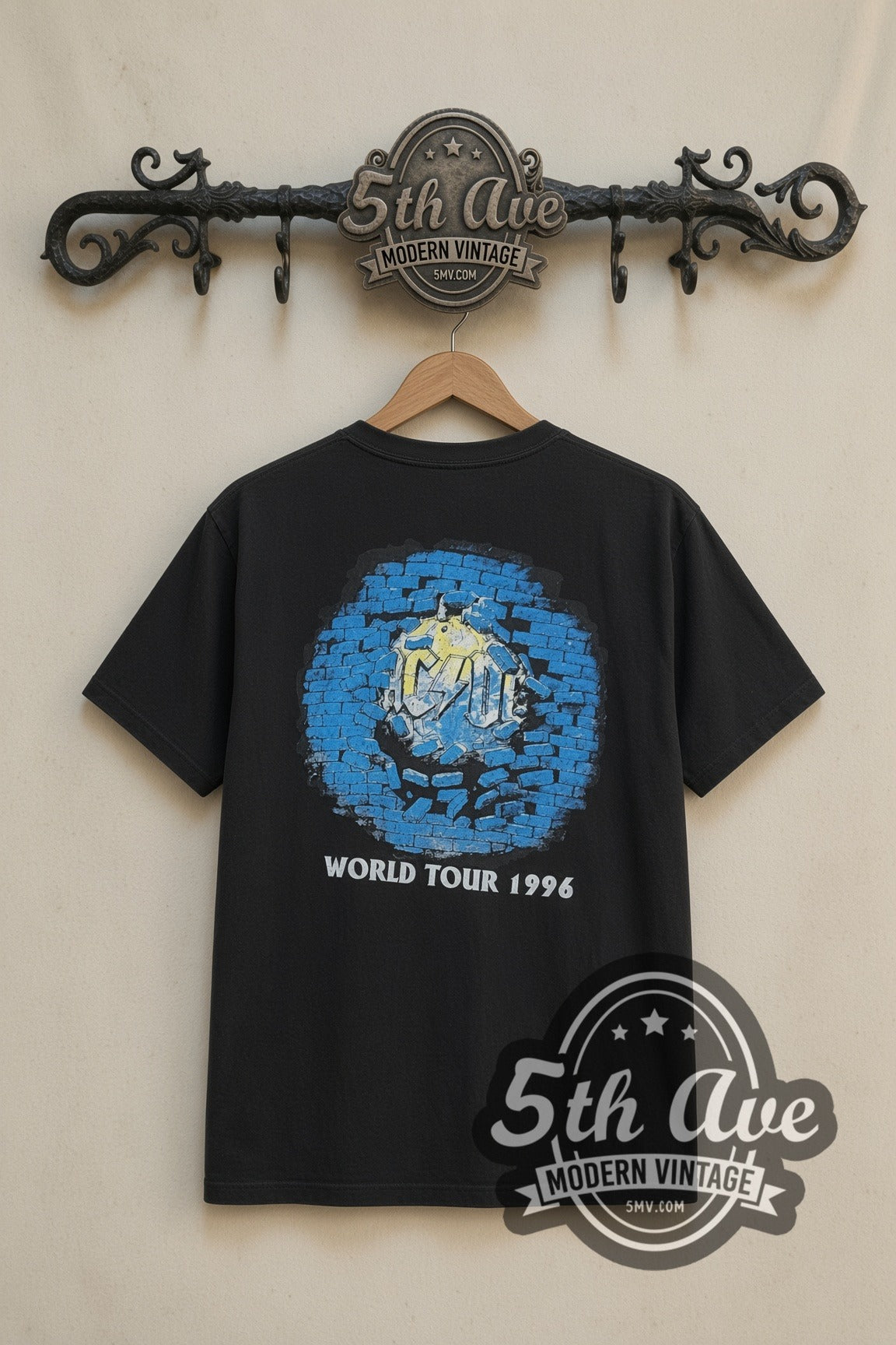 AC/DC Ballbreaker Liberty World Tour 1996 band t-shirt in black, back view on a display rack