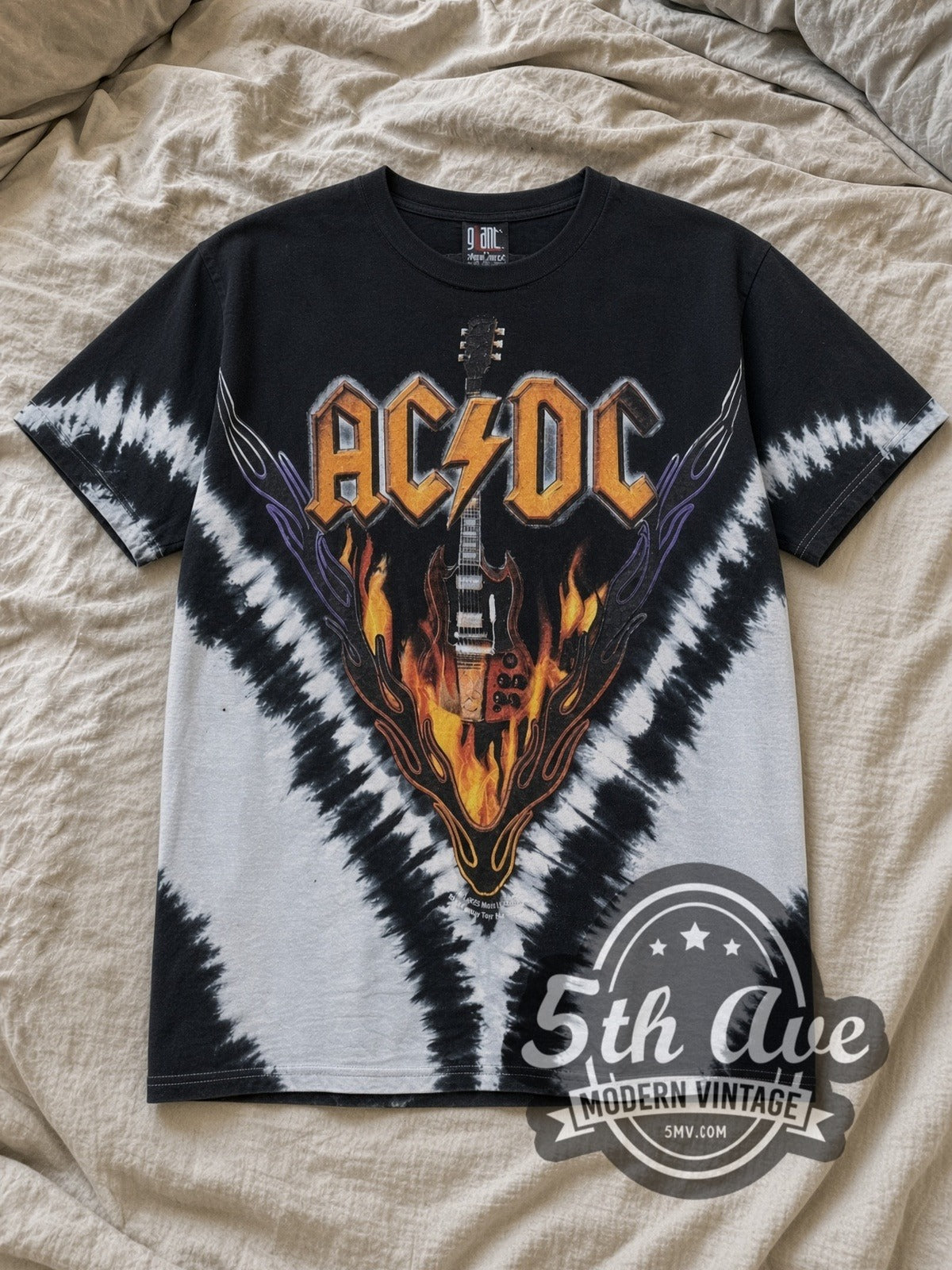 Black AC/DC Hells Bells Power Up Tour All Over Print Vintage Band T-Shirt laid flat on a linen bed