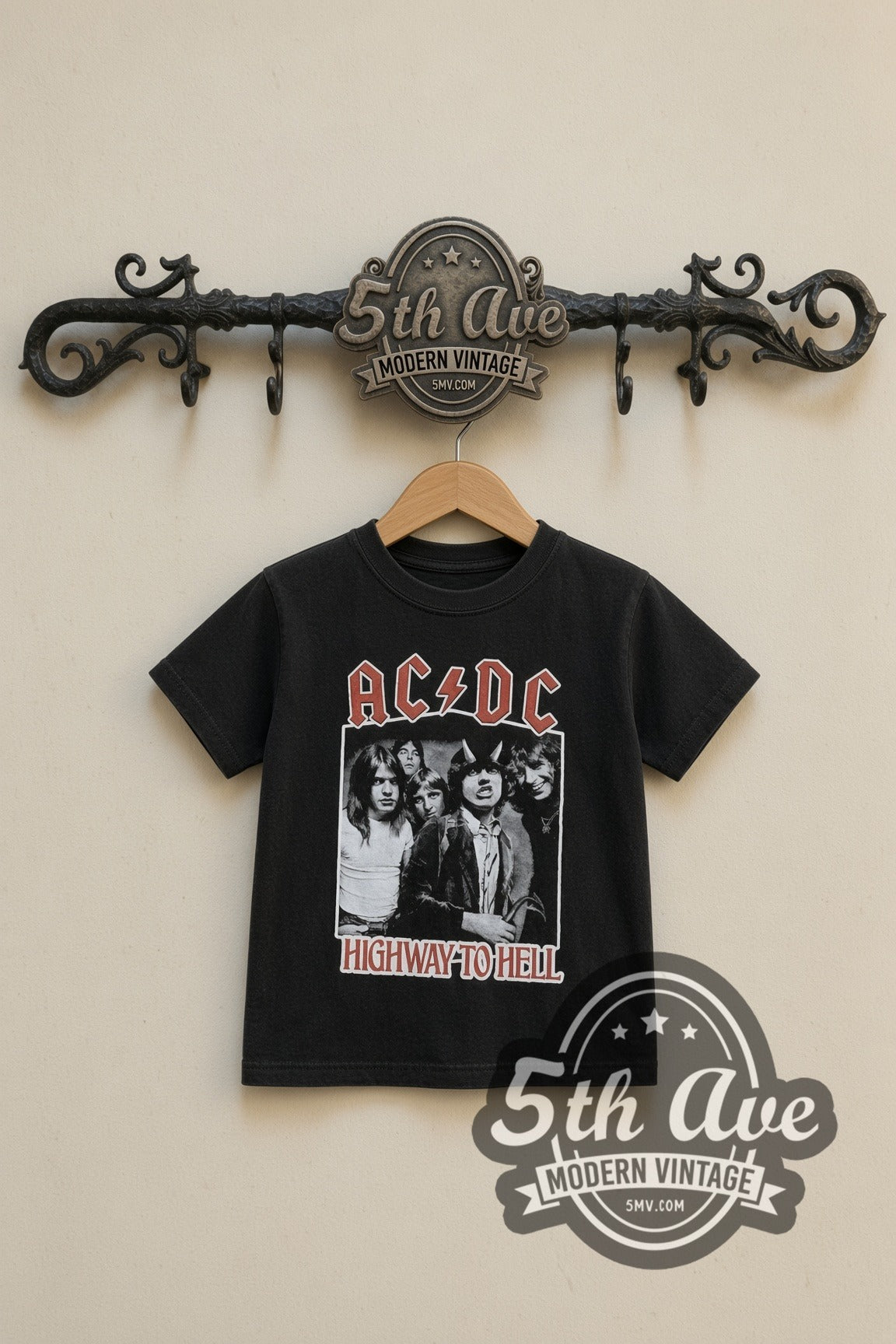 AC/DC Highway to Hell kids band tee in black, front view on a display rack