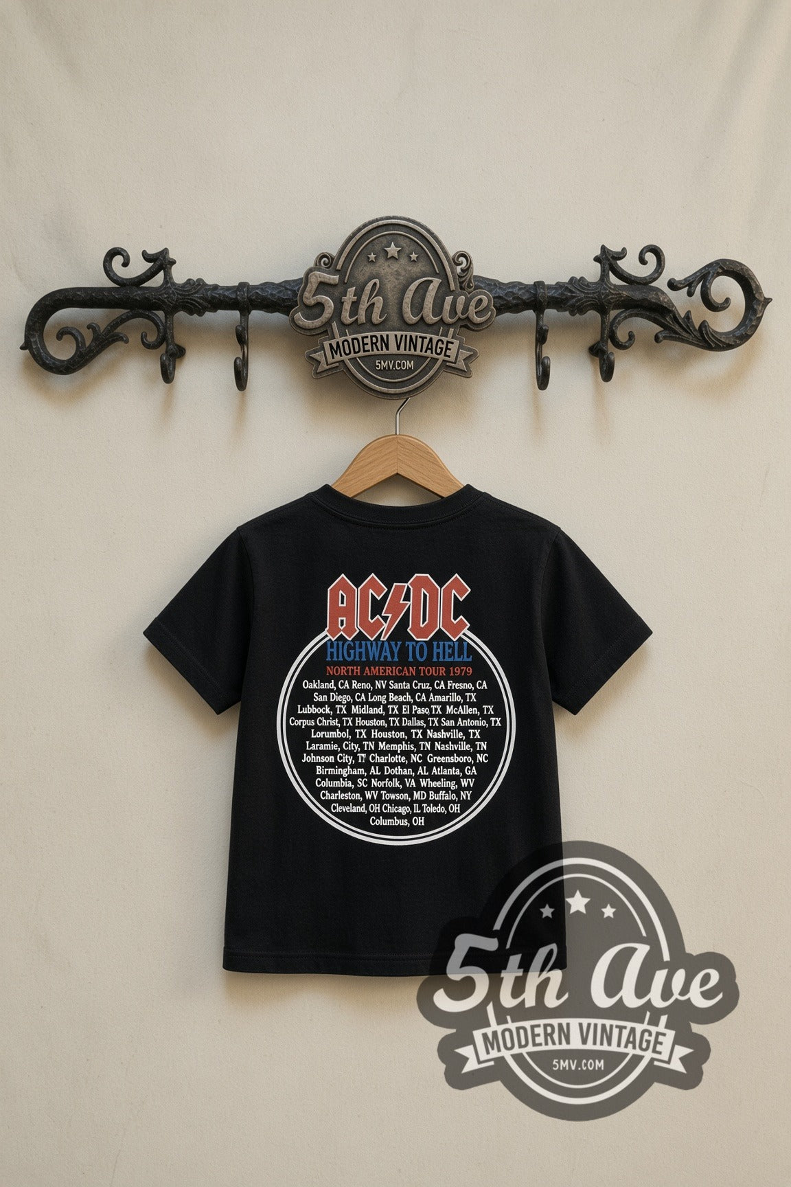 AC/DC Highway to Hell kids band tee in black, back view on a display rack