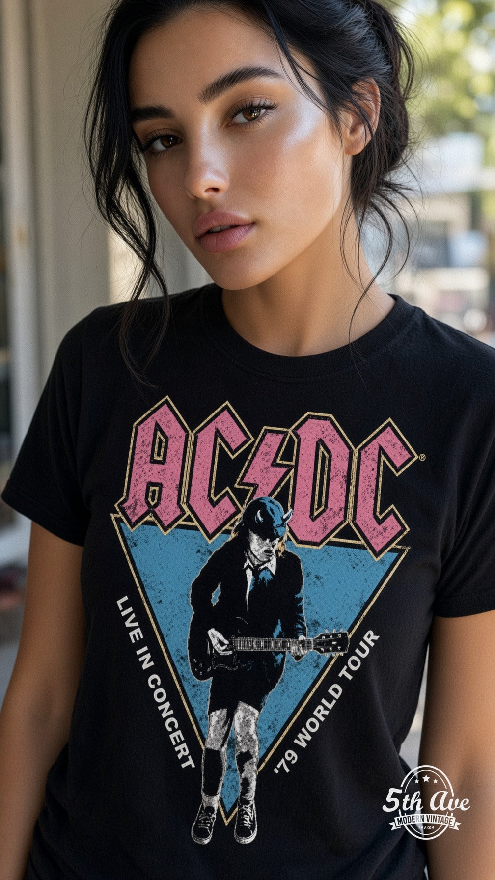 Model wearing AC/DC Live in Concert '79 vintage band tee