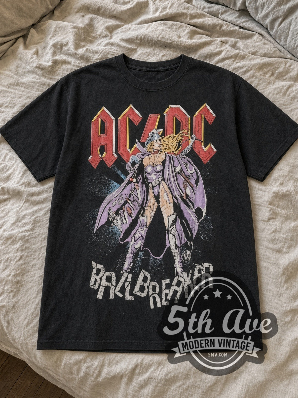 Black AC/DC Ballbreaker' World Tour 1996 Vintage Band T-Shirt laid flat on a linen bed