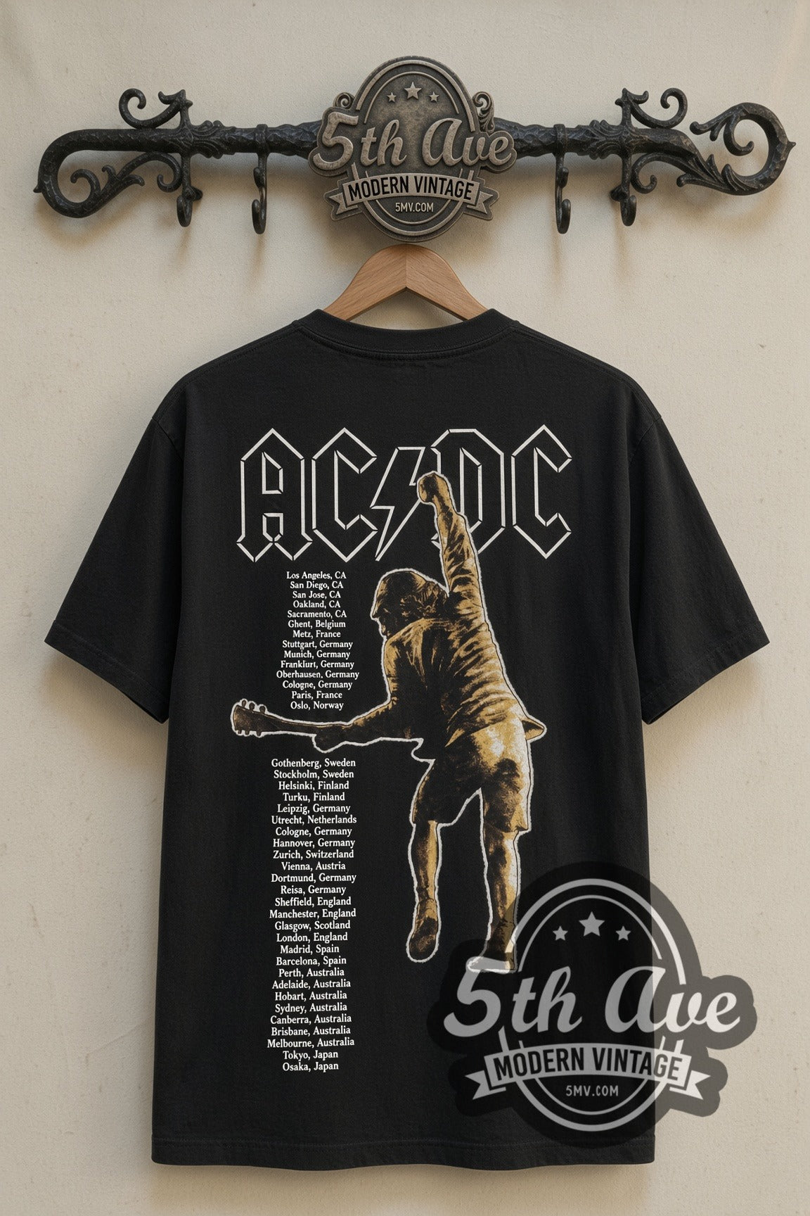 Back print of AC/DC Stiff Upper Lip Angus Statue Tour tee on 5th Ave rack