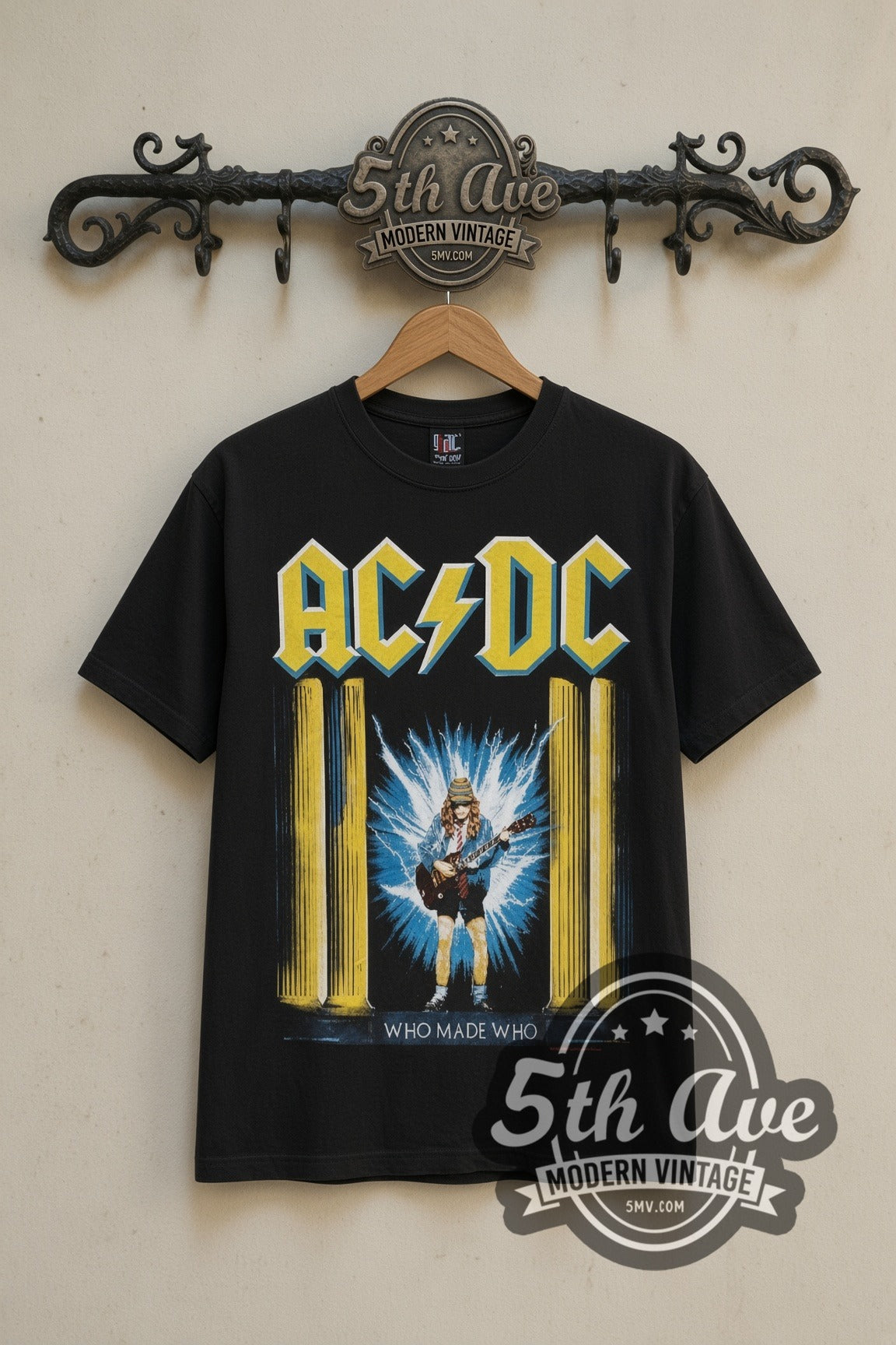 AC/DC Who Made Who Lightning Angus vintage band t-shirt in black, front view on a display rack
