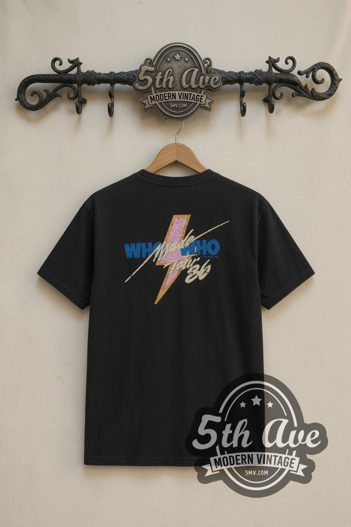 AC/DC Who Made Who Lightning Angus band t-shirt in black, back view on a display rack