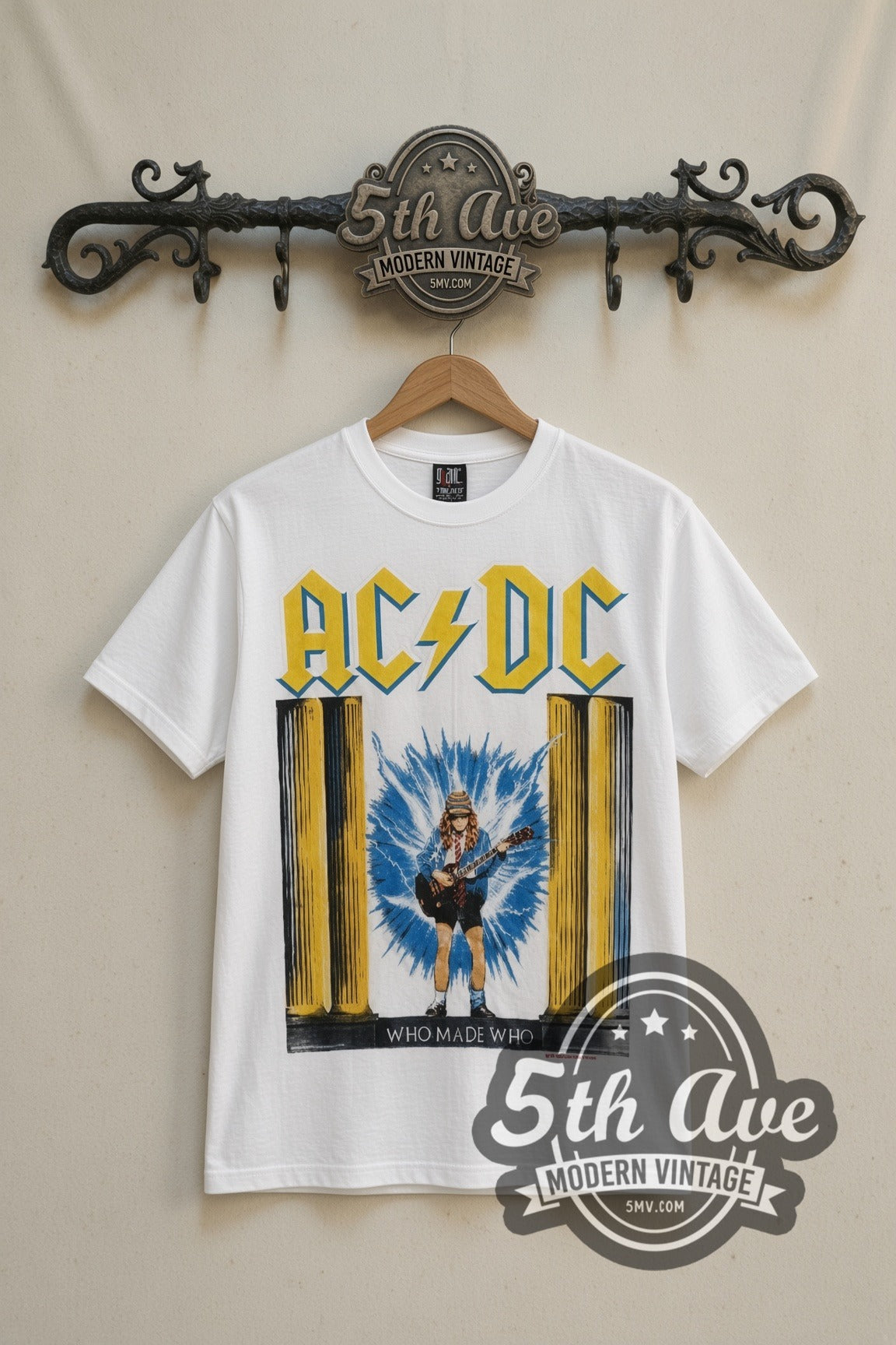 AC/DC Who Made Who Lightning Angus vintage band t-shirt in white, front view on a display rack