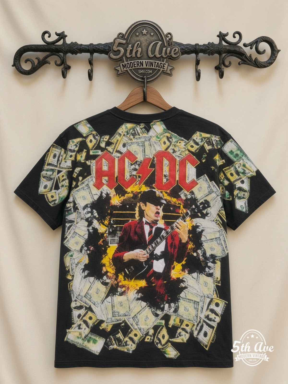 AC/DC Angus Money Rain all over print vintage tee back on cream 5th Ave rack