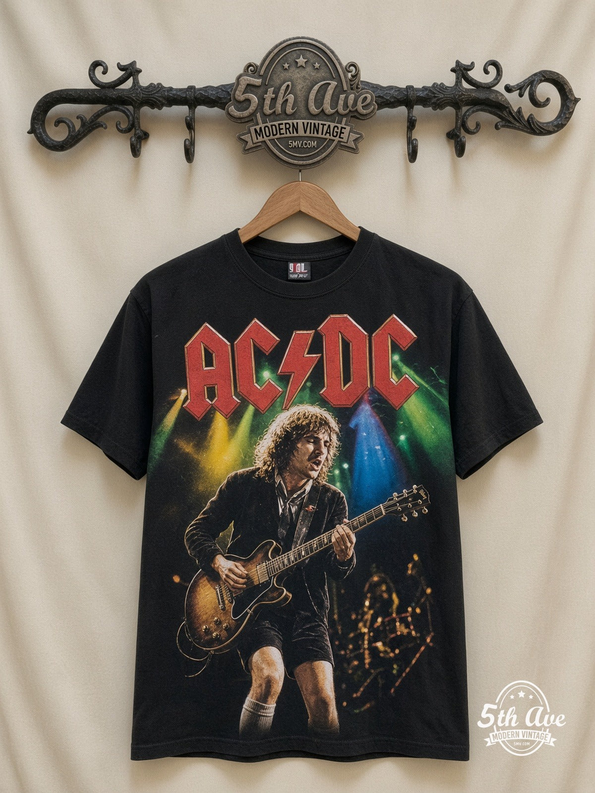 AC/DC Angus Money Rain all over print vintage band t-shirt front on cream 5th Ave rack