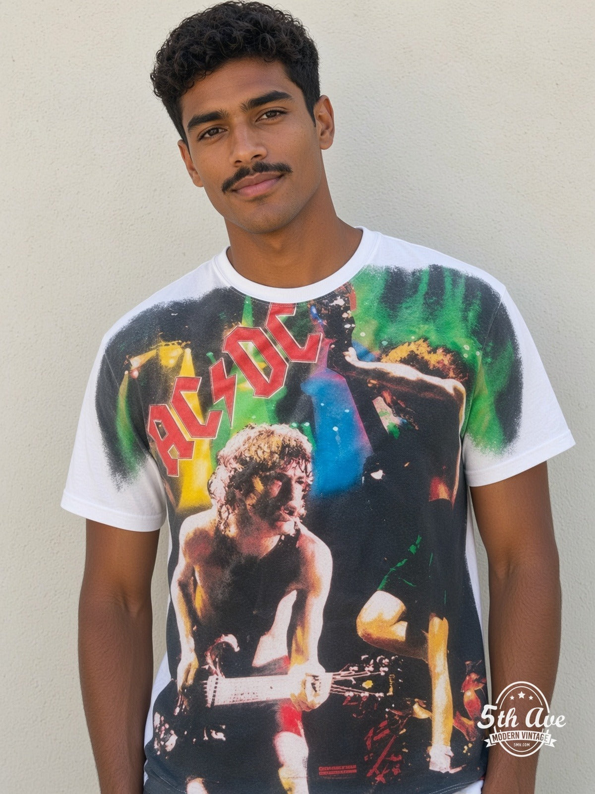 AC/DC Angus Money Rain White all over print vintage tee model wearing