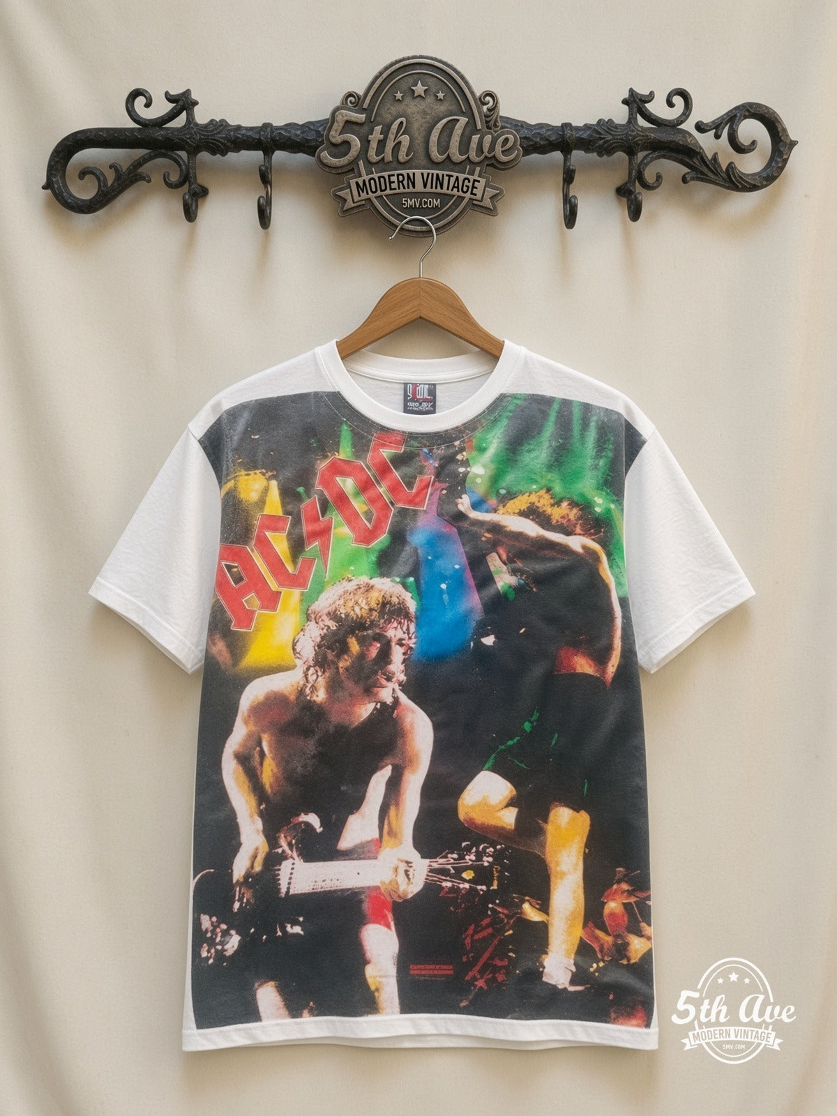 AC/DC Angus Money Rain White all over print vintage tee back on cream 5th Ave rack