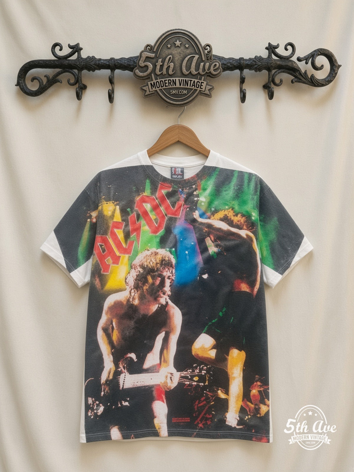 AC/DC Angus Money Rain White all over print vintage band t-shirt front on cream 5th Ave rack