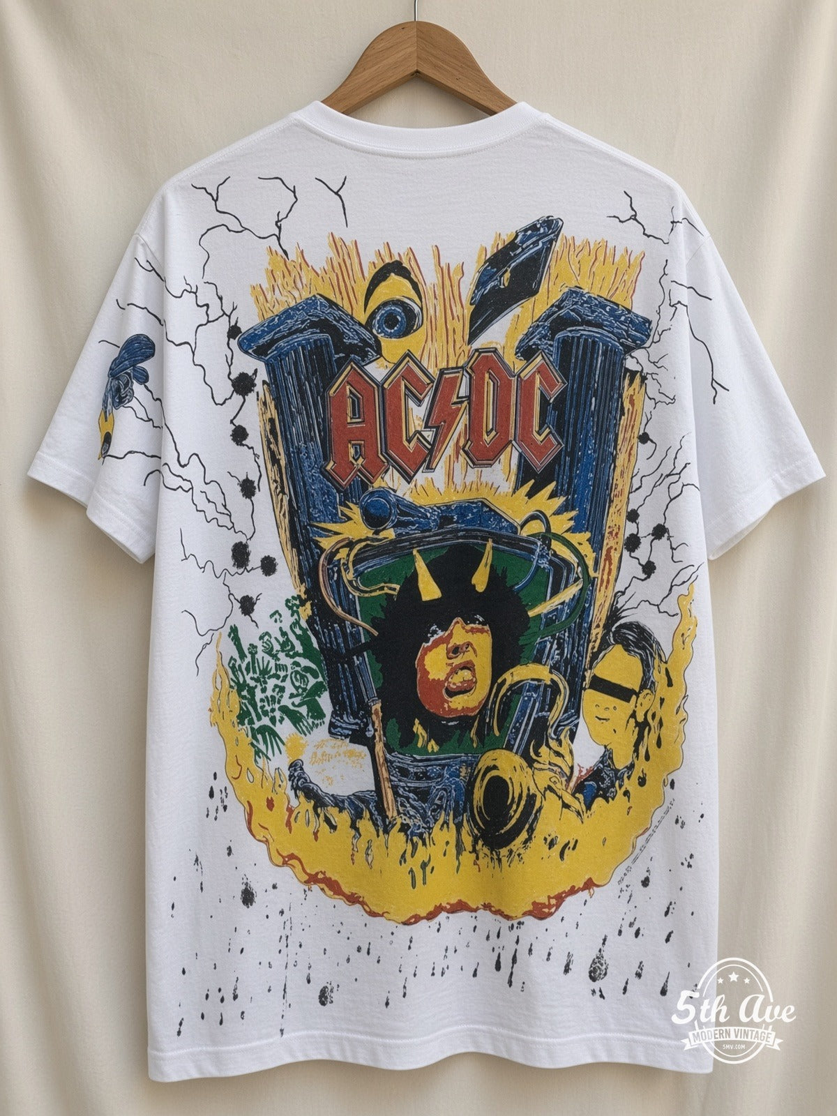 AC/DC Angus V Graphic all over print vintage tee back on cream 5th Ave rack