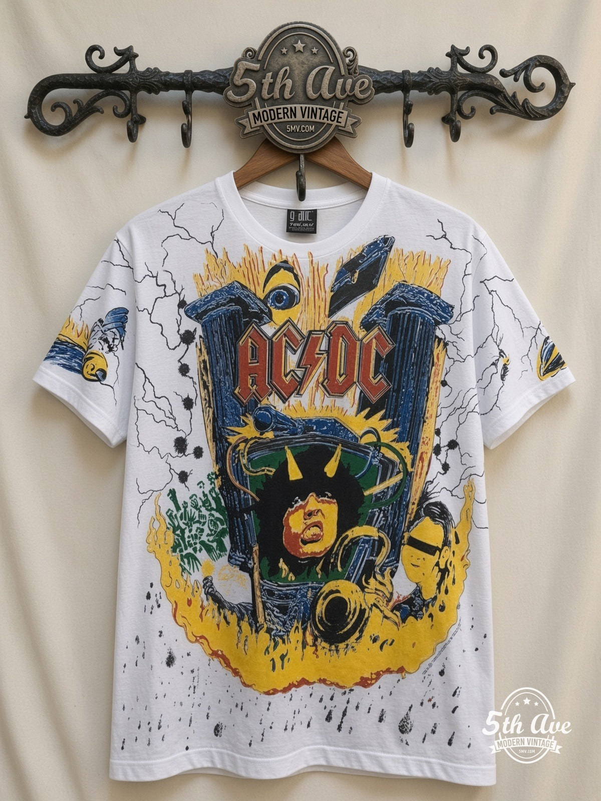 AC/DC Angus V Graphic all over print vintage band t-shirt front on cream 5th Ave rack