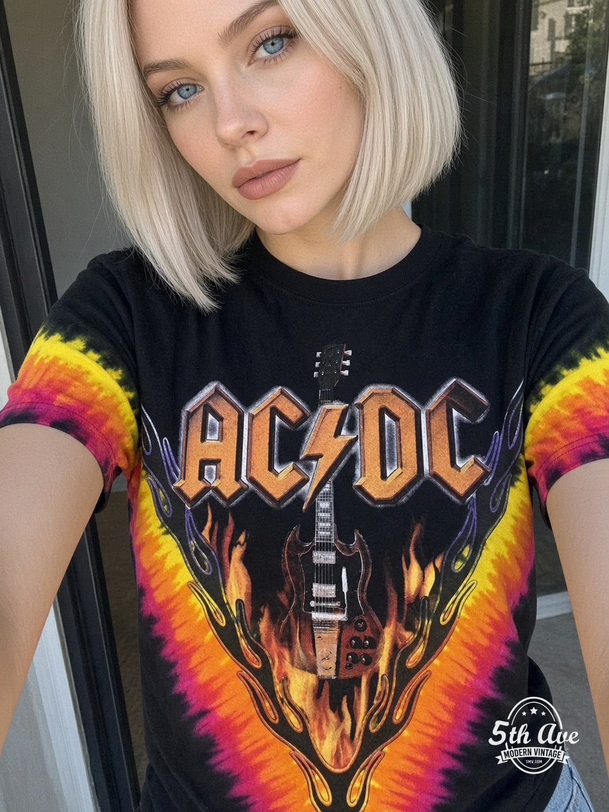 AC/DC Hells Bells Tie-Dye V all over print vintage tee model wearing