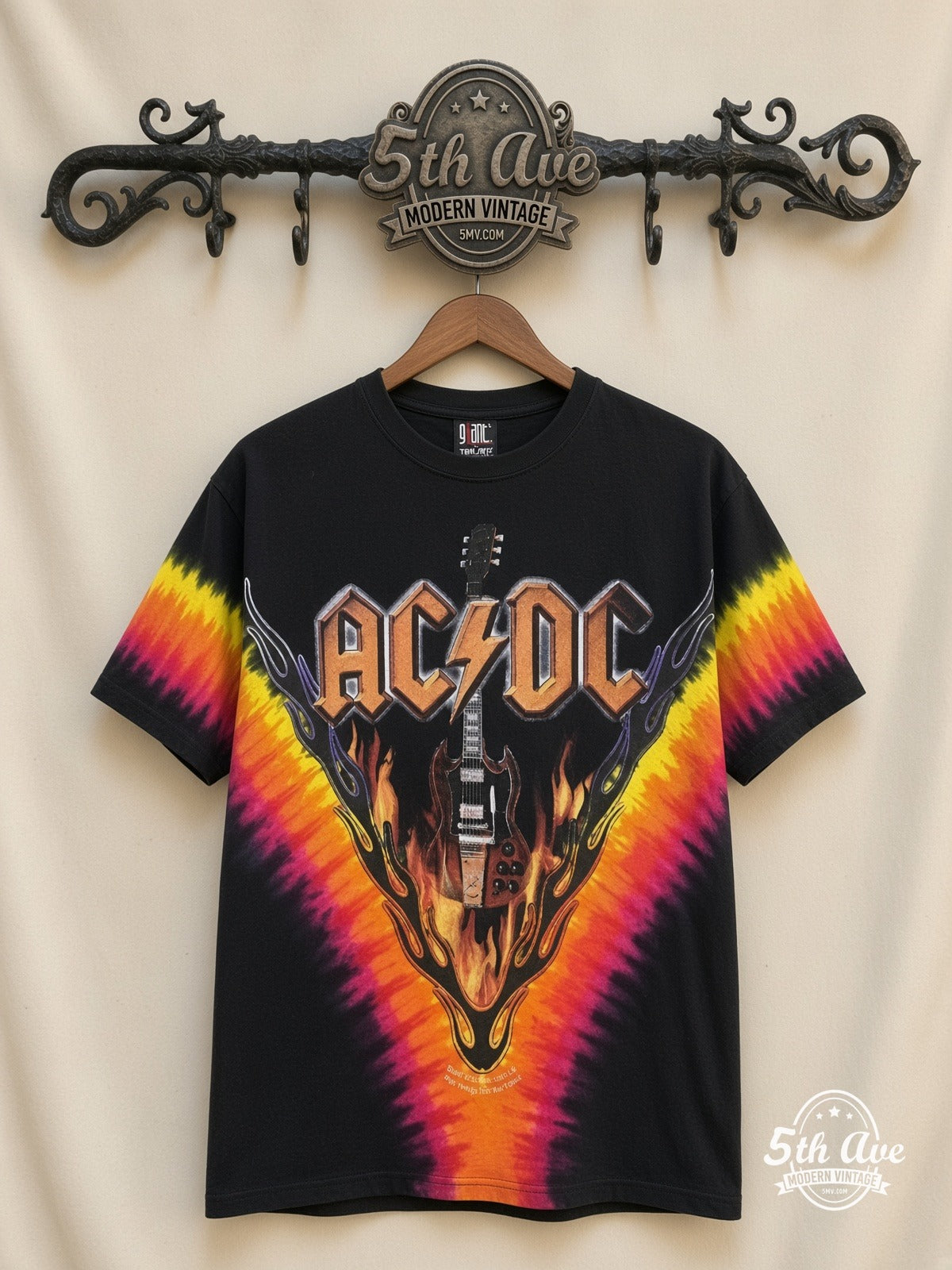 AC/DC Hells Bells Tie-Dye V all over print vintage band t-shirt front on cream 5th Ave rack