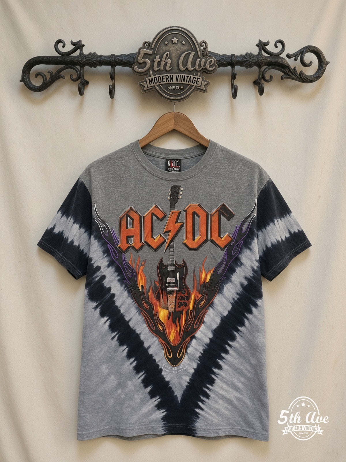 AC/DC Hells Bells Tie-Dye V Grey all over print vintage band t-shirt front on cream 5th Ave rack