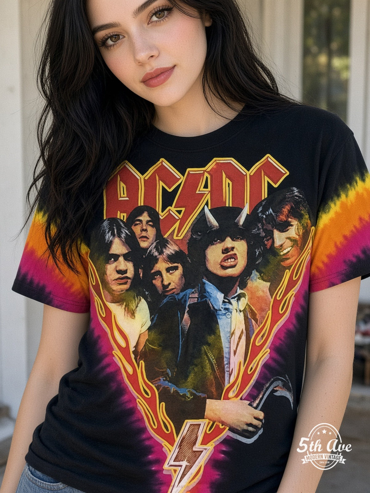 AC/DC Highway to Hell Tie-Dye V all over print vintage tee model wearing