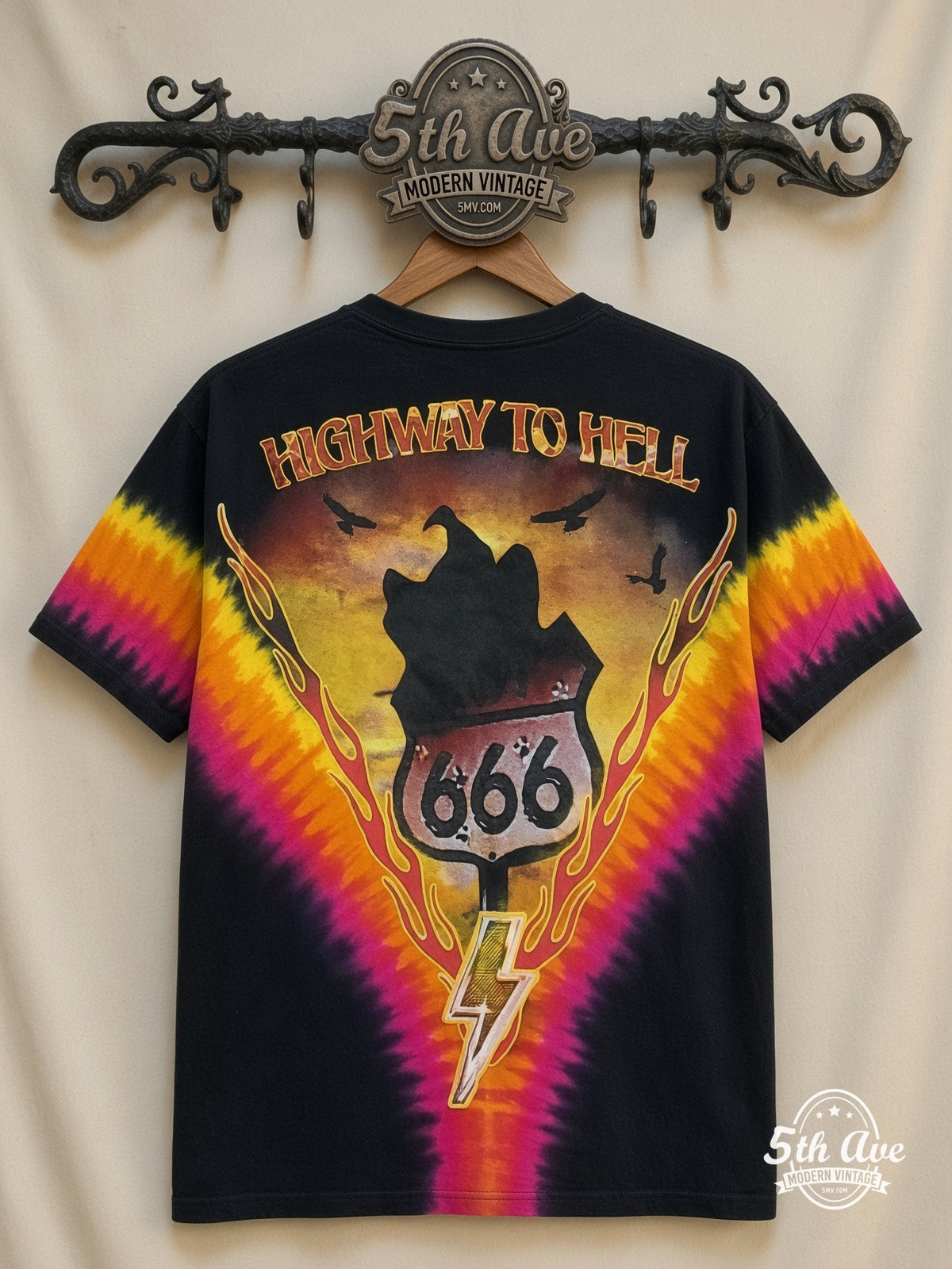 AC/DC Highway to Hell Tie-Dye V all over print vintage tee back on cream 5th Ave rack