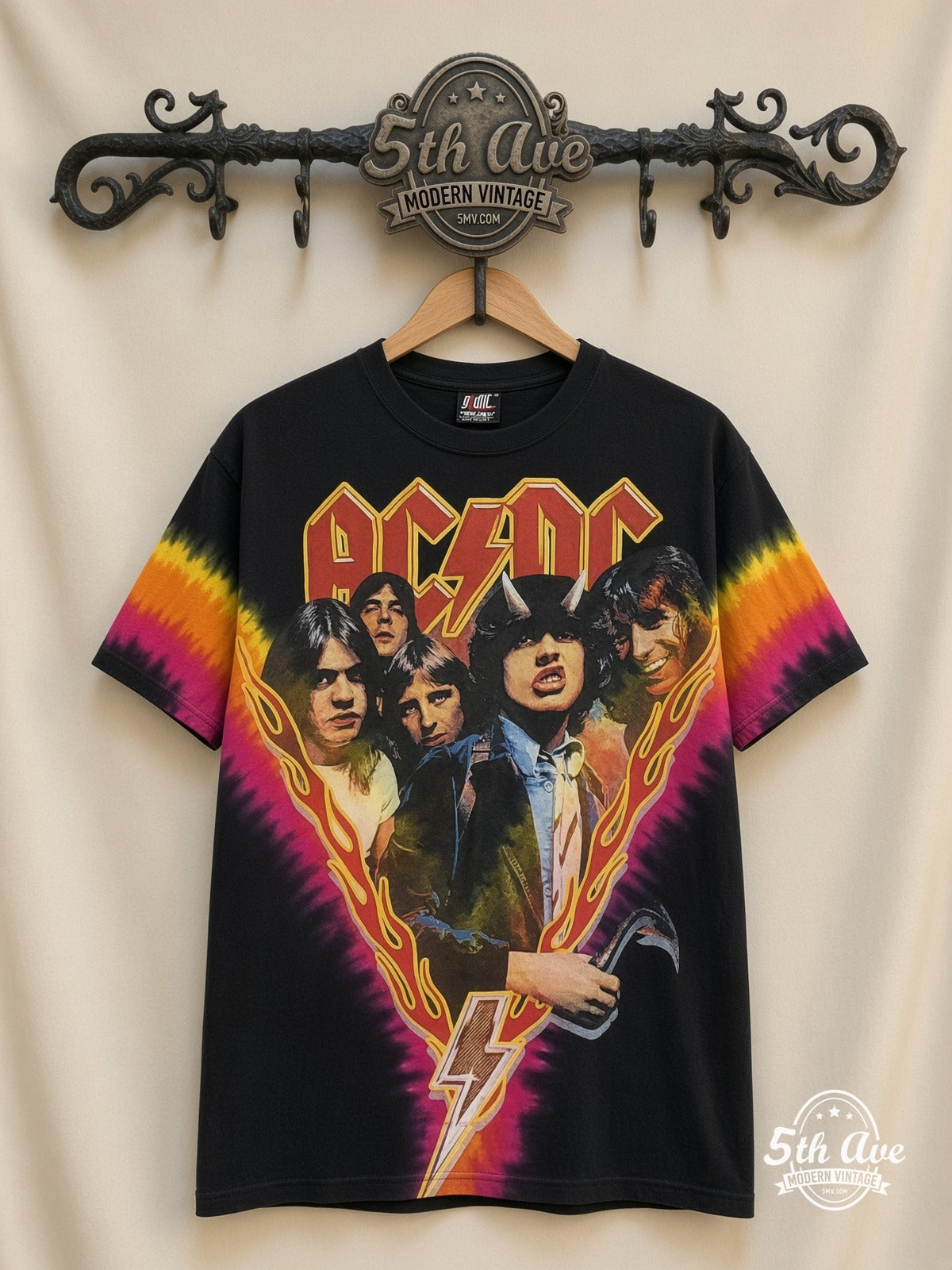 AC/DC Highway to Hell Tie-Dye V all over print vintage band t-shirt front on cream 5th Ave rack