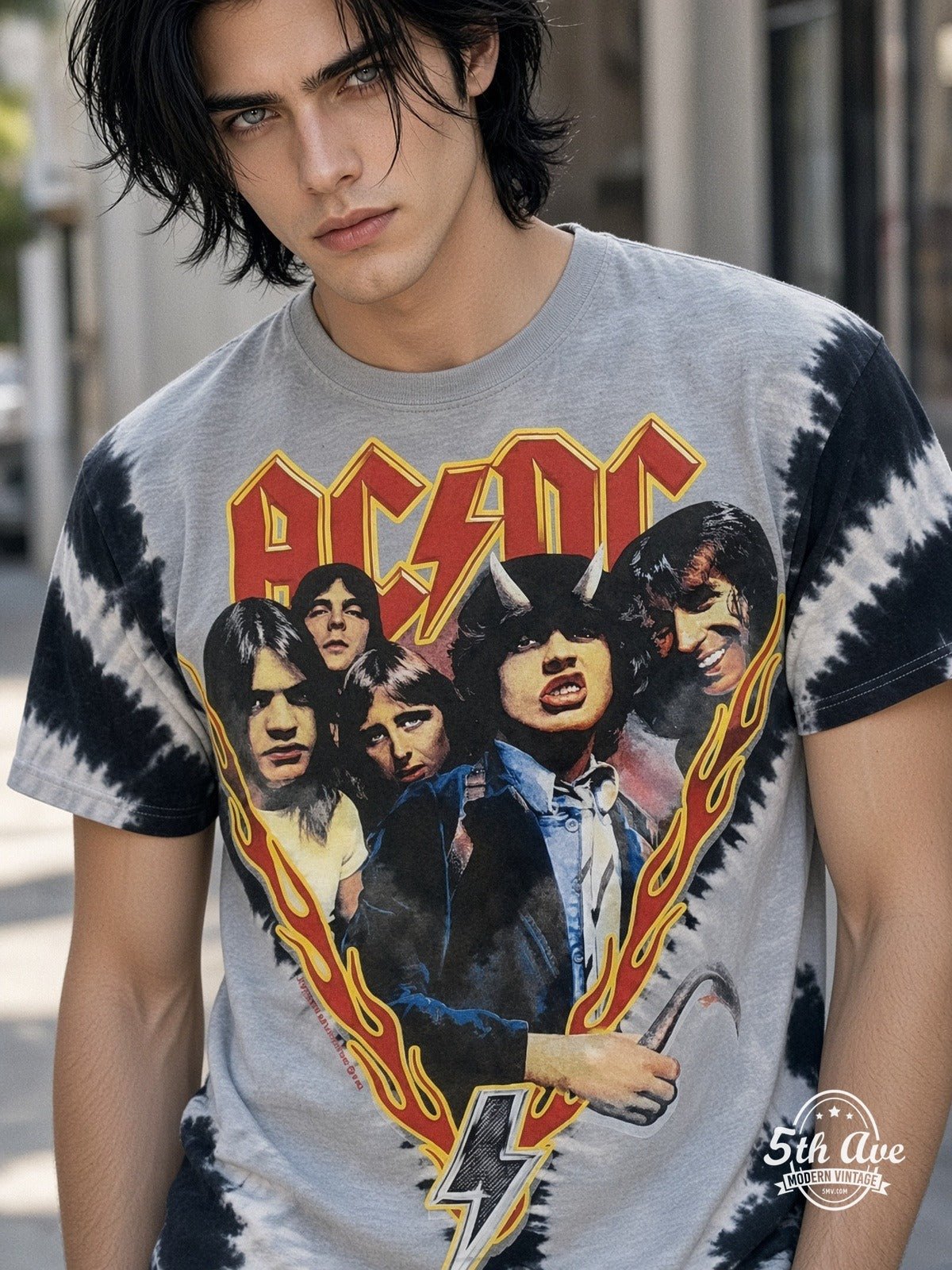 AC/DC Highway to Hell Tie-Dye V Grey all over print vintage tee model wearing