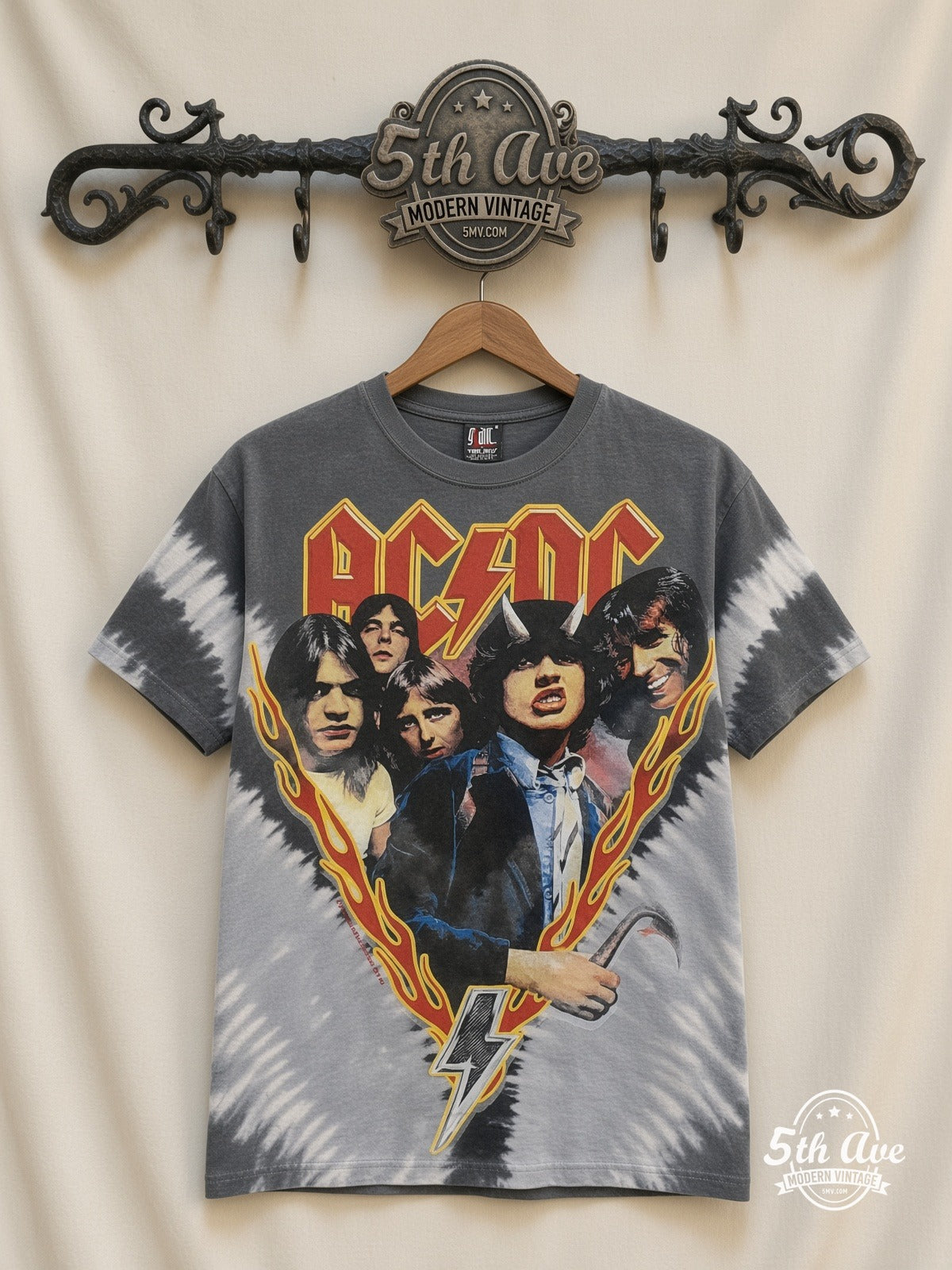 AC/DC Highway to Hell Tie-Dye V Grey all over print vintage band t-shirt front on cream 5th Ave rack