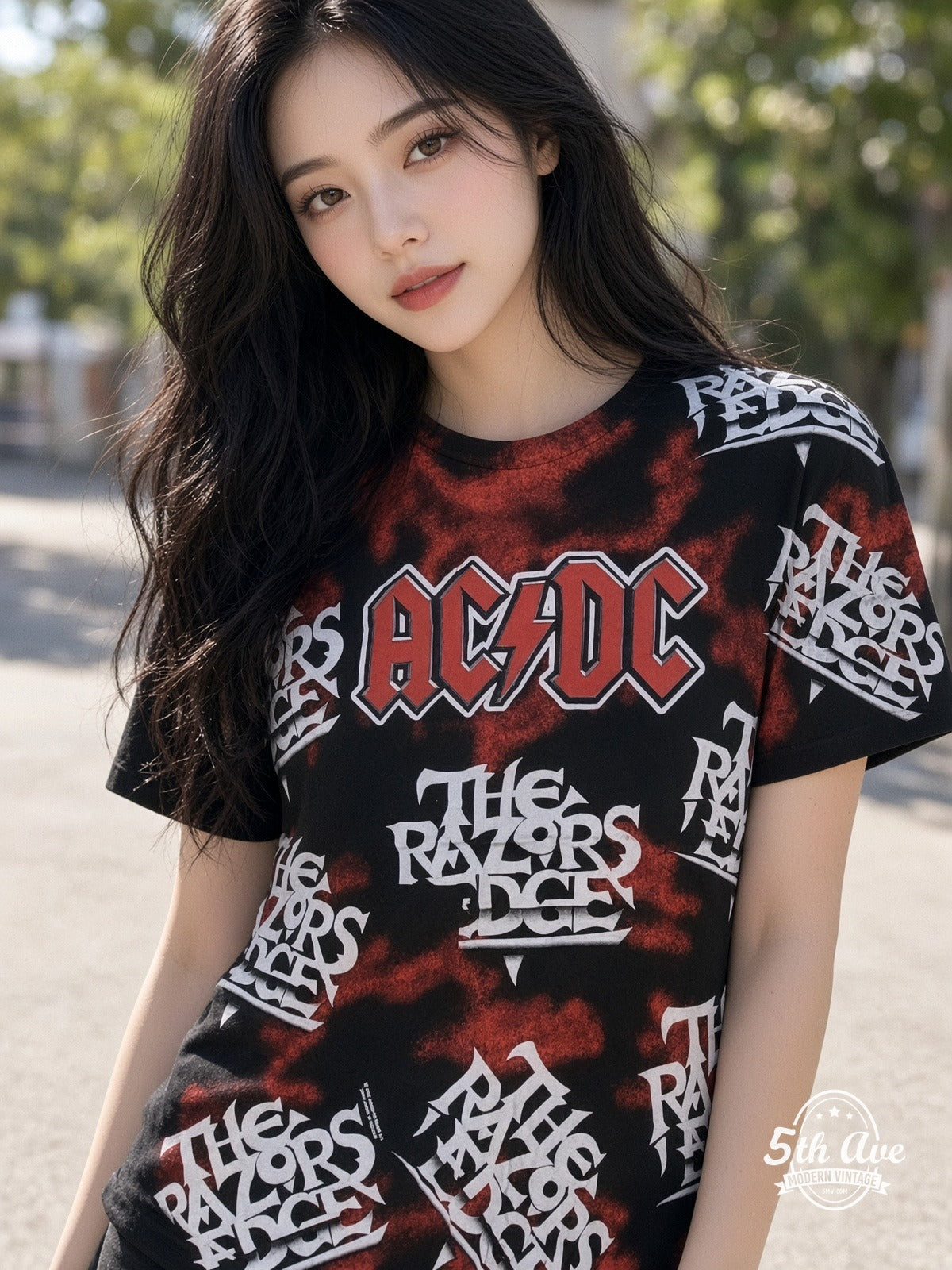 AC/DC Razors Edge Logo Collage all over print vintage tee model wearing