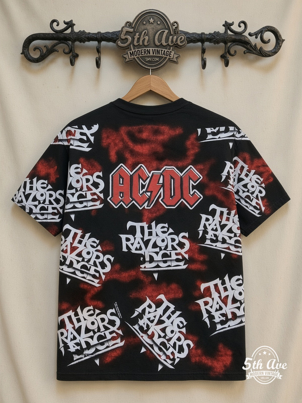 AC/DC Razors Edge Logo Collage all over print vintage tee back on cream 5th Ave rack