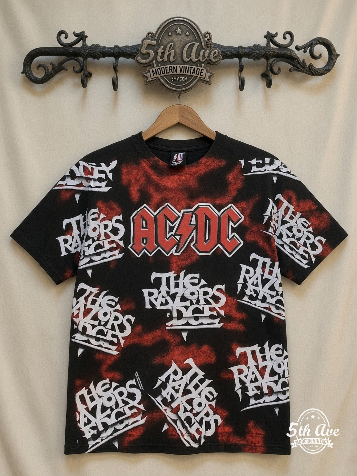 AC/DC Razors Edge Logo Collage all over print vintage band t-shirt front on cream 5th Ave rack